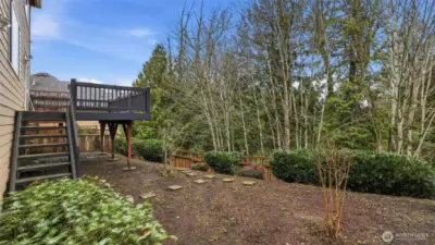 A tranquil outdoor setting with layered spaces for entertaining and play.