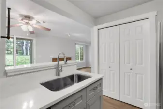 Quartz counters in the kitchen with a large sink and disposal.