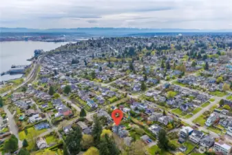 Aerial view with Commencement Bay and Cascade Mountain in the distance.