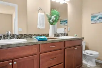 Dual sink vanity in the primary bathroom.