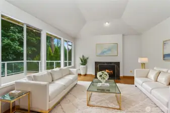 Family room with vaulted ceiling - virtually staged