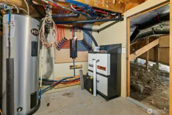 Mechanical room under the house. Every faucet in the home has separate shut off valves.  Electric hot water heater.
