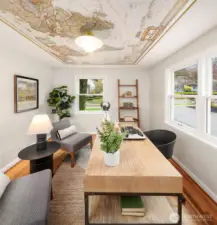 The second bedroom has a stunning map on the coved ceiling. Such a fun and unique addition.