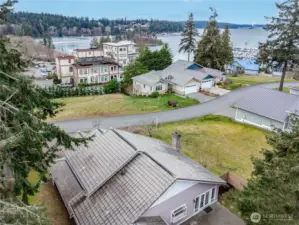 A bird's eye view of So. Port Townsend Bay, the Hadlock marina, and the Old Alcohol Plant near the home at 281 Port Townsend Bay Road.