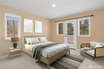 The upstairs guest bedroom is light and bright and has a private deck out the door that overlooks the views.