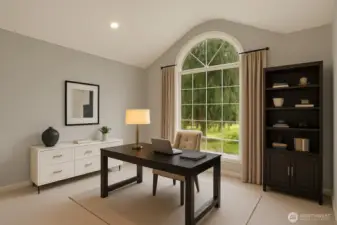 A private office on the main level provides a serene space for focus and inspiration. [This photo is virtually staged]