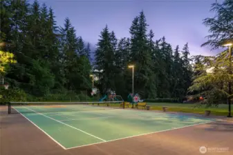 Full size tennis/sport court, lush level lawn spaces