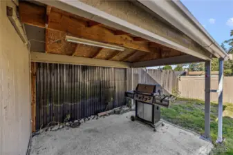 Covered area behind the shed offers the perfect spot for BBQs and outdoor gatherings, rain or shine.