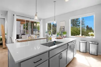 Views from kitchen are to orchard greenery