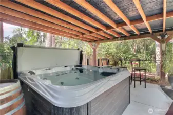 Description of the outdoor living space: a beautifully designed covered deck that features a relaxing hot tub, situated on a durable concrete patio within a tranquil and secluded area, offering a perfect blend of comfort and privacy for outdoor enjoyment.