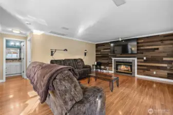 Cozy up by the fire in this spacious family room