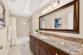 The hall bath was remodeled in 2020 with modern finishes, giving the secondary bedrooms a clean, updated bath designed for easy everyday use. Its full bath configuration adds convenience and functionality for busy routines