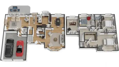 The 3D floorplan highlights a functional two story layout with well connected main living spaces and four bedrooms upstairs. Buyers can easily see how the living room, formal dining room, updated kitchen, casual dining area, and family room work together on the main level, while the upper floor provides a spacious primary suite, three additional bedrooms, and well separated sleeping quarters.