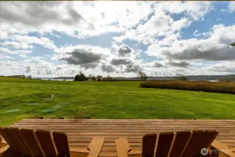 Deck looking SOUTHEAST across Penn Cove toward Camano island the Cascades.