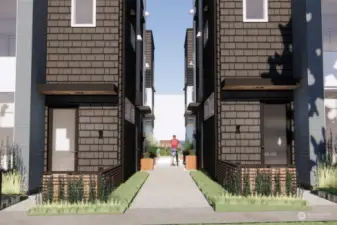 The pathways between the townhomes at Lotus II offer a charming and intimate connection to the community courtyards. These thoughtfully designed spaces provide privacy while promoting a neighborly atmosphere.