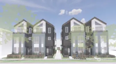 The front view of Lotus II townhomes presents a picturesque scene with modern architectural design and green spaces.