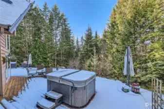 This massive deck provides the ideal space for gatherings, while the private hot tub offers a tranquil escape under the stars.