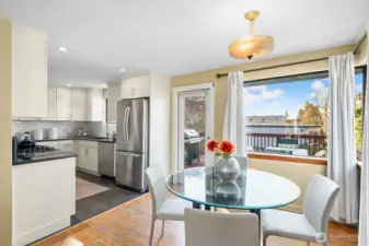 Good sightlines from the kitchen to the dining room and living rooms.