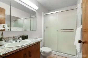 Downstairs bathroom adjacent to the bonus room