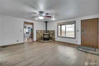 Family room with freestanding gas stove!