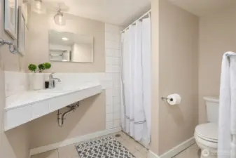 Lower level bath with shower.