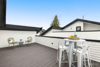 The rooftop deck area is ideal for hosting outdoor gatherings or enjoying a quiet evening at home, surrounded by nature.