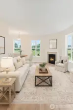 Virtually staged living room. A cozy gas fireplace, new LVP flooring, and beautiful views to the outdoors are the perfect backdrop for any decor of your choice.