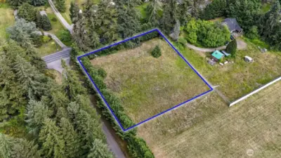 Level lot - high and dry. Blue boundary lines are approximate. Buyer to verify to their own satisfaction.