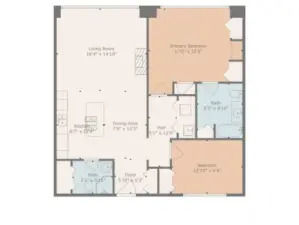 Floor plan and room dimensions of Unit 711 in the Roberson.
