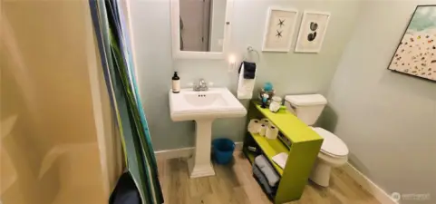 A stylish first-floor bathroom featuring carefully selected designer colors that enhance the space with warmth and sophistication.