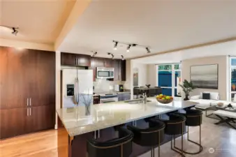 Stunning kitchen with huge island, stainless steel appliances, great pantry & cabinet storage & slab quartz countertops.