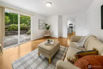 Great room with sliding glass doors to backyard and patio