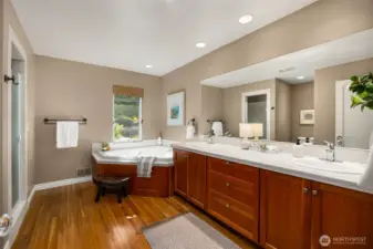 The primary en-suite bath is bright and spacious.
