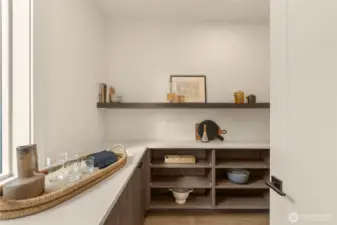 Kitchen walk-in pantry with built-in shelving.