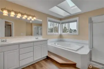 Connected Primary Bath Features a powered Skylight which opens for extra ventilation, has remote controlled blinds, and rain detection to close automatically!