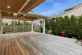 Rear Deck "Outdoor Living Room". Deck is plumbed with 1' Gas line and outlet for easy BBQ hookup. Premium Brazilian Walnut "Ipe" decking.