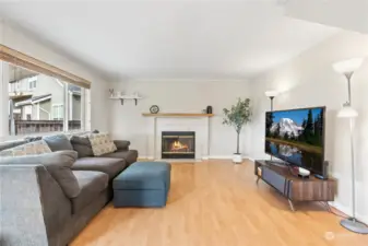 Family room with wood burning fireplace