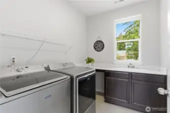Efficient laundry room with storage, sink, counter space, natural light... all on the second floor for easy access to/from bedrooms.