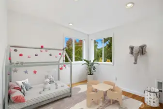 This virtually staged second bedroom on the main floor is spacious and has a large closet with built-in storage.