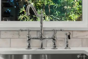 Kitchen sink with designer faucet and marble backsplash