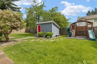 Shed painted in May 2025. Playset new within last 3 years to stay.