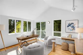 Head upstairs to the primary suite loft; vaulted ceilings, built in desk and sliding door leads to the upper level deck. A multi-functional space for work or to relax and unwind.