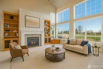 Virtually Staged Living Room with massive views onto the golf course.