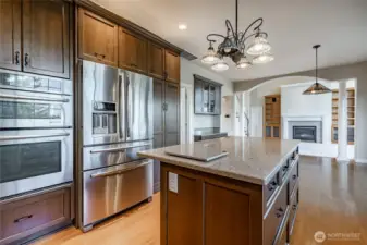 Beautiful Kitchen with deluxe cabinets and Quartz counters and upgraded Stainless appliances. Door to the left goes to the half bathroom and laundry room and through to the garage. Also goes to the formal dining/Family Room.