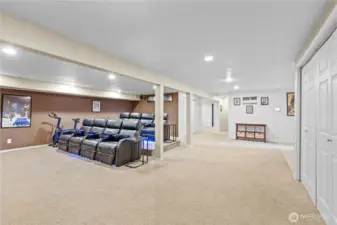 Large basement space designed for family time and entertaining features a full theater setup—ideal for movie nights, game days, and gatherings with friends and family.