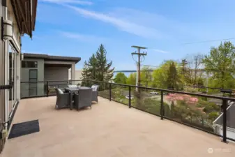 This view shows how expanse of the deck off the living room.