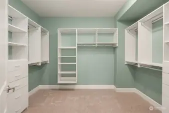 Expansive closet with built ins, organizers and  carpet.