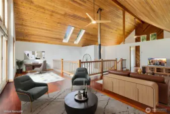 Virtually staged and remodeled to inspire your vision—this flexible upper-level space shines as a cozy media room, stylish lounge, and home office in one. Warm wood tones and natural light complete the inviting vibe.