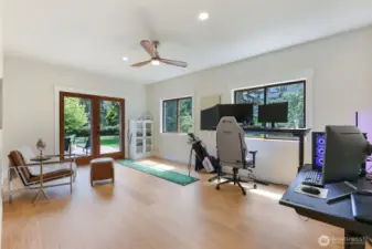 Main-Level Bonus Room / Executive Office:  Massive space ideal for an executive home office, media room.  French doors open to the deck and backyard for indoor-outdoor flow  Ideal conversion to a main-level Primary Suite including space for full bath & walk-in closet