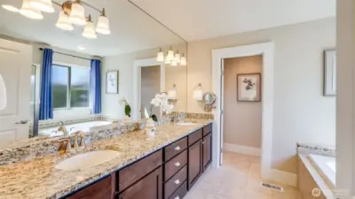 Primary en suite features granite counters, double sink vanity, large soaker tub and a separate water closet.
